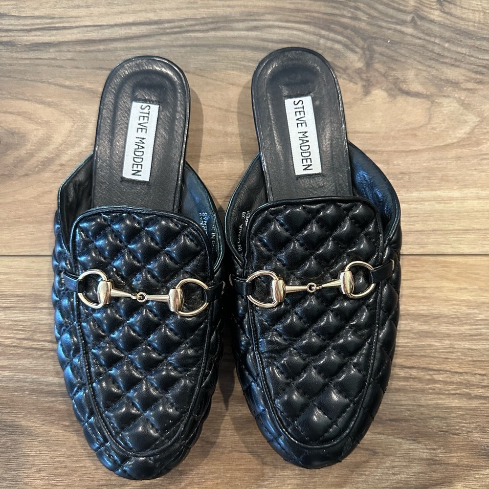 Steve Madden Black Quilted Mules with Gold Accents